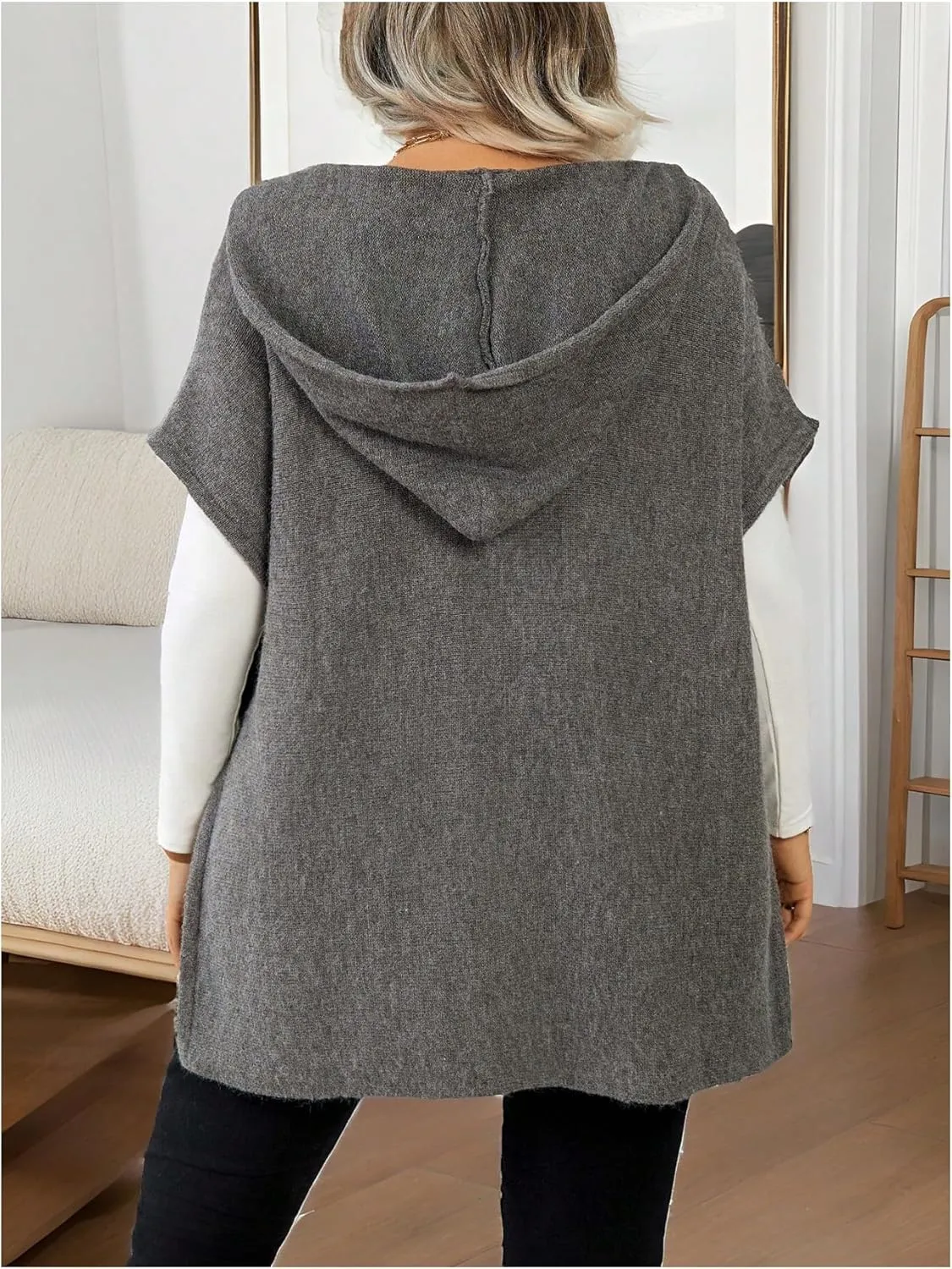 Women's Plus Size Half Zip Hooded Sweater Vest Cap Sleeve Split Hem Pullover Knitwear