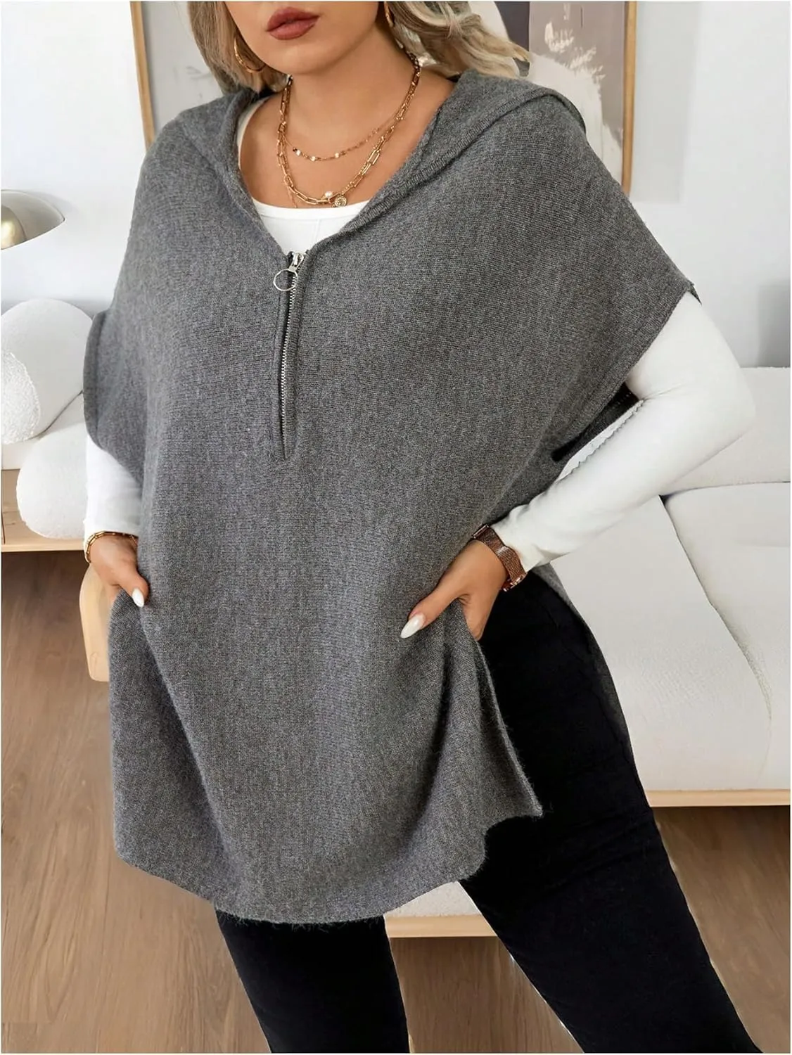 Women's Plus Size Half Zip Hooded Sweater Vest Cap Sleeve Split Hem Pullover Knitwear