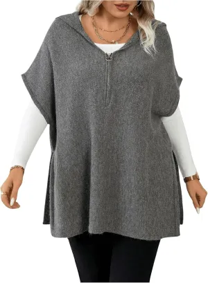 Women's Plus Size Half Zip Hooded Sweater Vest Cap Sleeve Split Hem Pullover Knitwear
