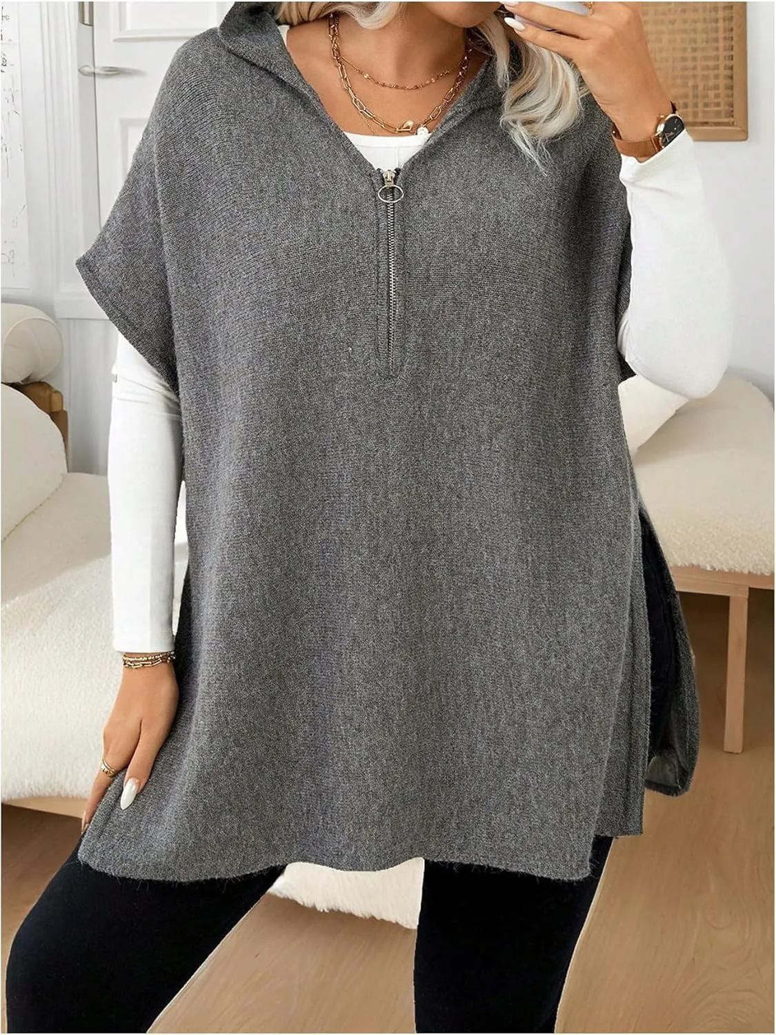 Women's Plus Size Half Zip Hooded Sweater Vest Cap Sleeve Split Hem Pullover Knitwear