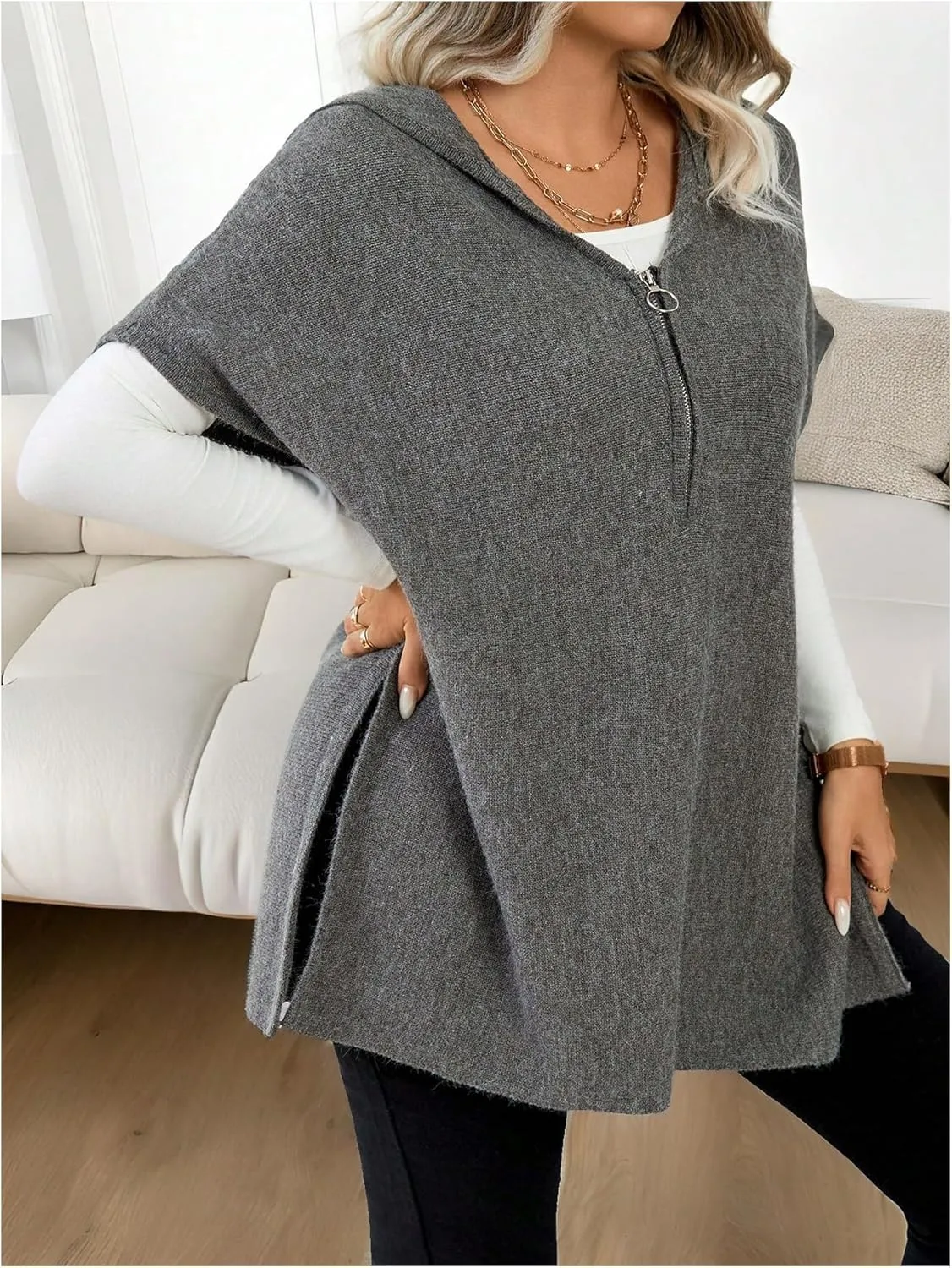 Women's Plus Size Half Zip Hooded Sweater Vest Cap Sleeve Split Hem Pullover Knitwear