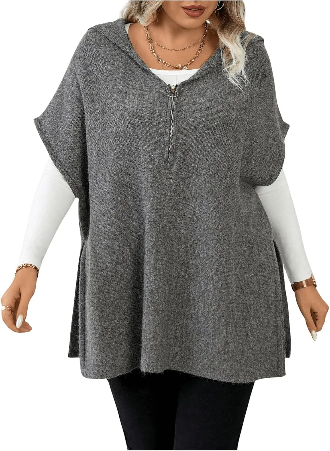 Women's Plus Size Half Zip Hooded Sweater Vest Cap Sleeve Split Hem Pullover Knitwear
