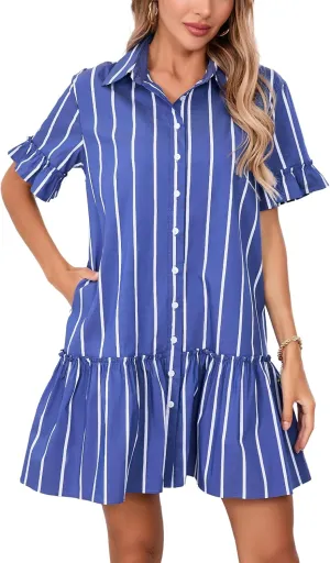 Women's Ruffle Short Sleeve Button Up Mini Dress Cotton Drop Waist Tunic Shirt Dress