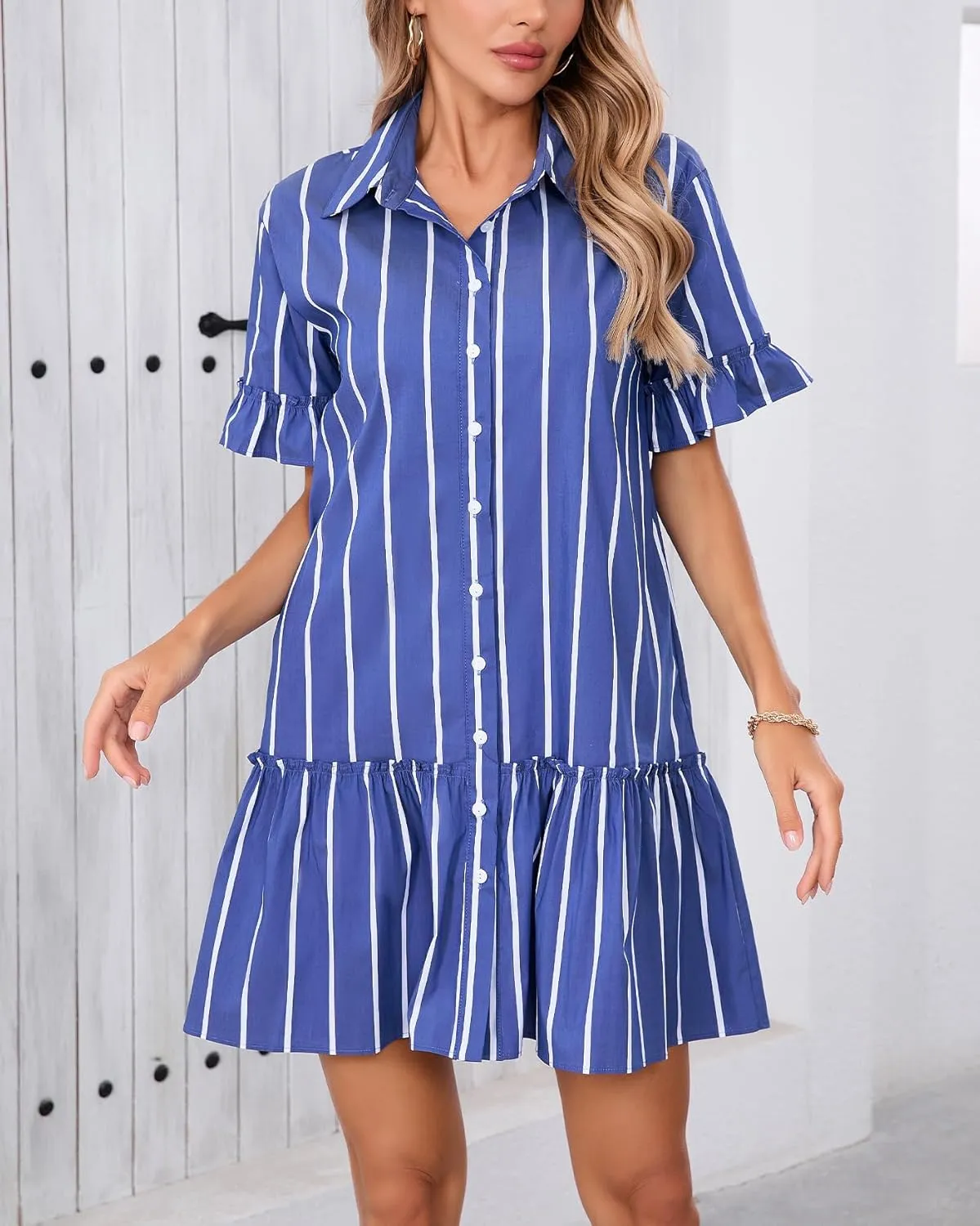 Women's Ruffle Short Sleeve Button Up Mini Dress Cotton Drop Waist Tunic Shirt Dress
