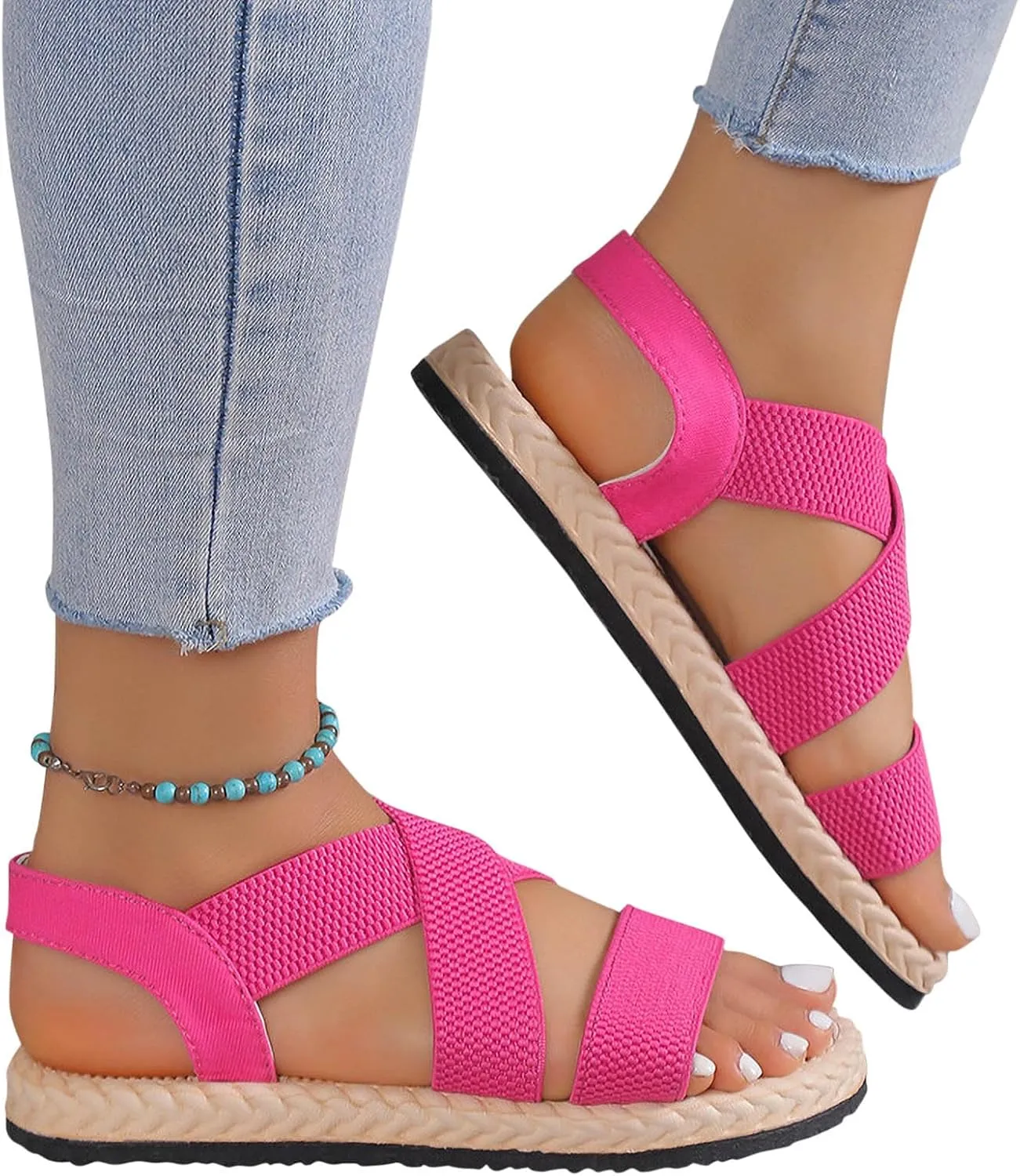 Women's Solid Textured Strappy Sandals Stretch Ankle Shoe Spring Trendy Braided Sandal Beach Vacation Flats