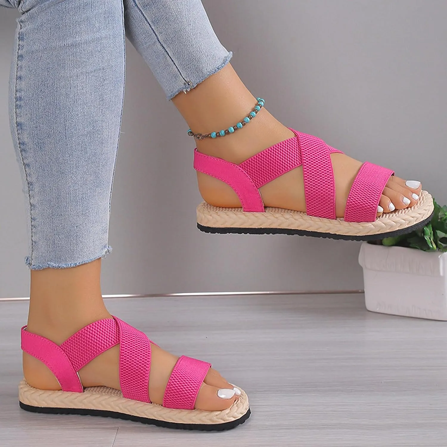 Women's Solid Textured Strappy Sandals Stretch Ankle Shoe Spring Trendy Braided Sandal Beach Vacation Flats