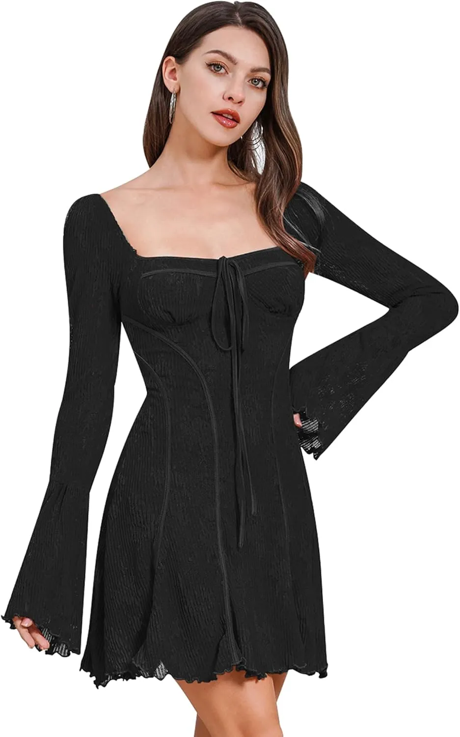 Womens Square Neck Corset Mini Dress Vintage Floral Lace Bell Sleeve Dress Y2K Short Going Out Ruffle Dresses