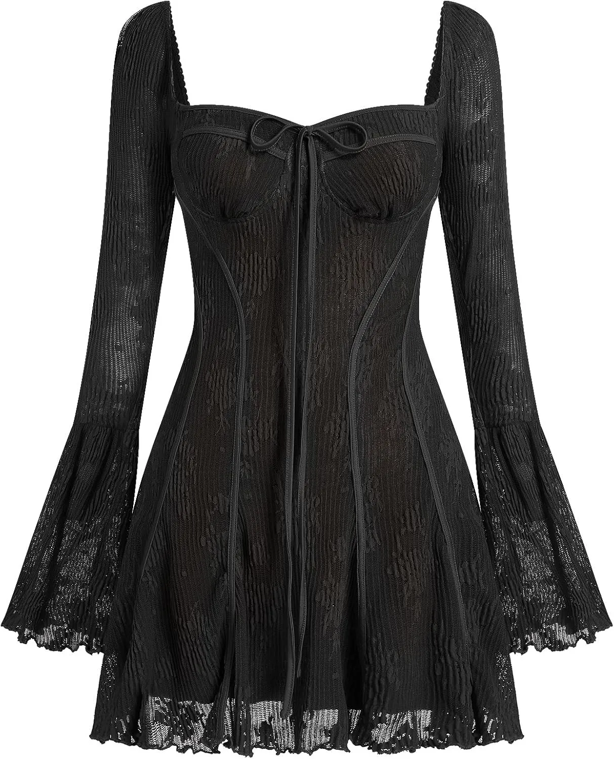 Womens Square Neck Corset Mini Dress Vintage Floral Lace Bell Sleeve Dress Y2K Short Going Out Ruffle Dresses