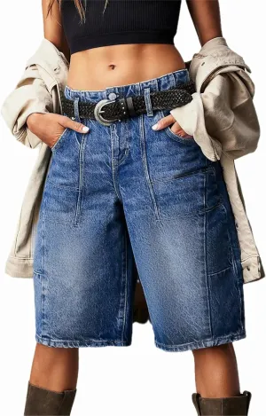 Women's Summer Blue Denim Bermuda Shorts, Casual, Loose Fit, High Waist, Knee Length, 28 Inseam