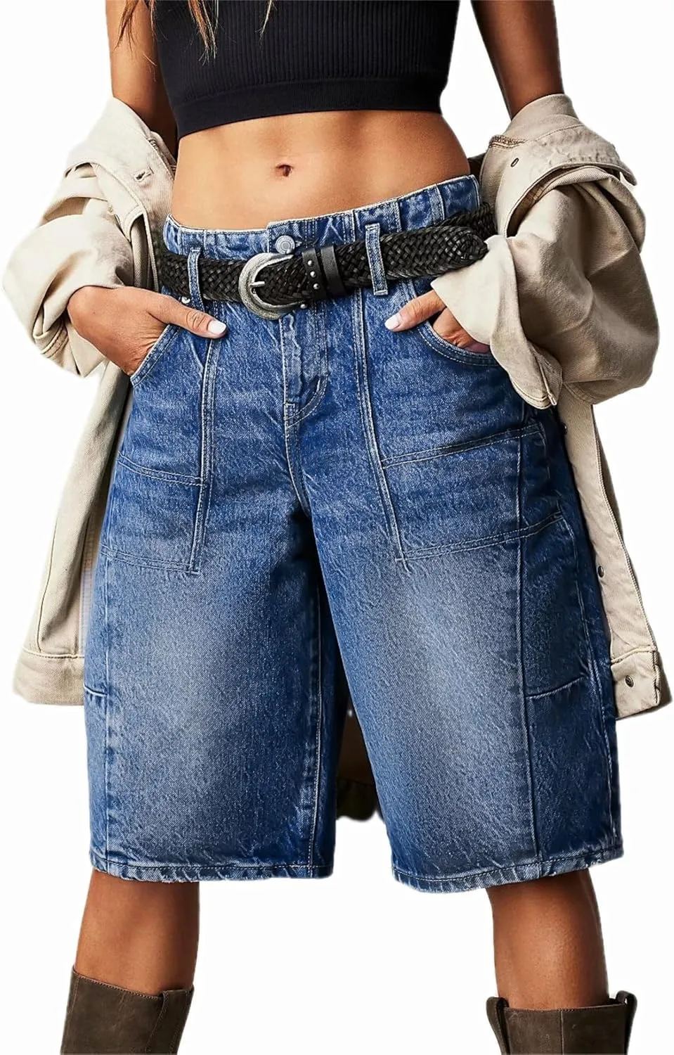 Women's Summer Blue Denim Bermuda Shorts, Casual, Loose Fit, High Waist, Knee Length, 28 Inseam