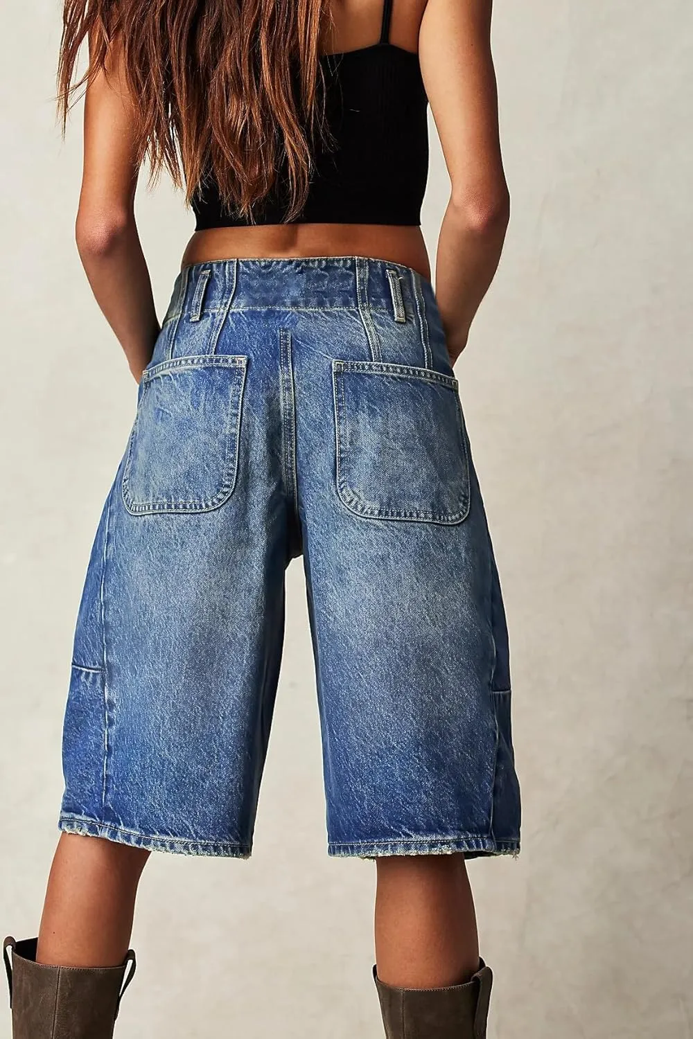 Women's Summer Blue Denim Bermuda Shorts, Casual, Loose Fit, High Waist, Knee Length, 28 Inseam