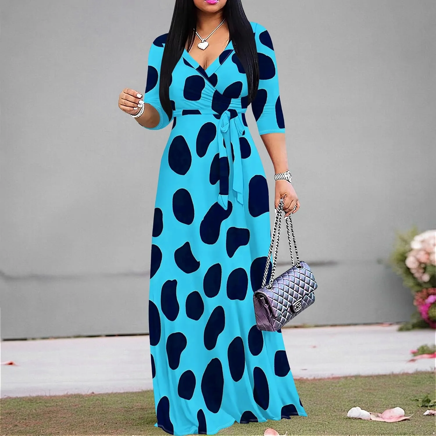 Women's Summer Maxi Slim Fit Casual V Neck Dress 3/4 Sleeve Floral Flowy Bridesmaid Evening Cocktail Party Dress with Belt