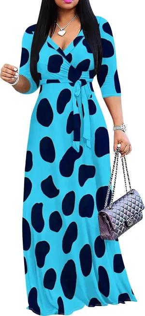 Women's Summer Maxi Slim Fit Casual V Neck Dress 3/4 Sleeve Floral Flowy Bridesmaid Evening Cocktail Party Dress with Belt
