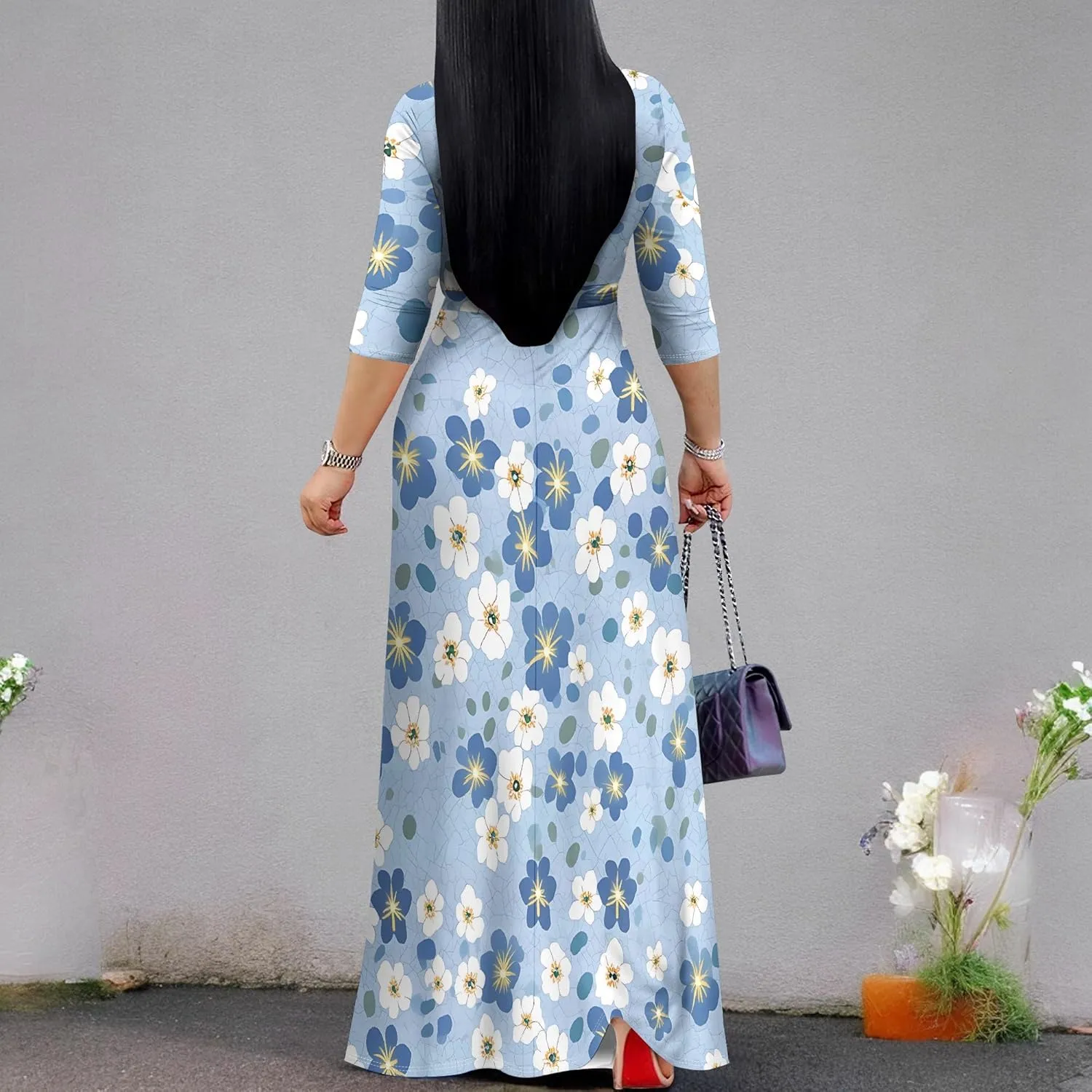 Women's Summer Maxi Slim Fit Casual V Neck Dress 3/4 Sleeve Floral Flowy Bridesmaid Evening Cocktail Party Dress with Belt