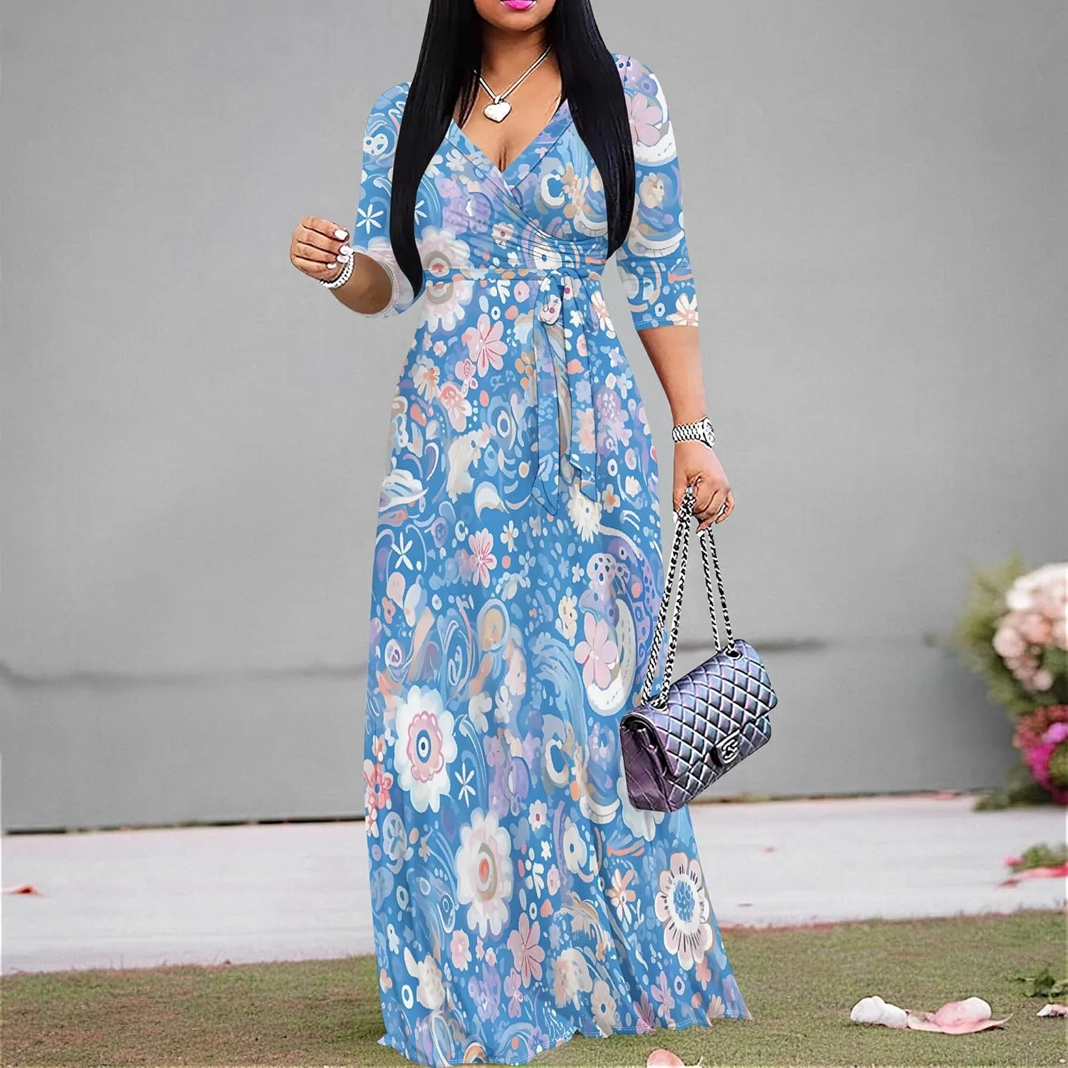 Women's Summer Maxi Slim Fit Casual V Neck Dress 3/4 Sleeve Floral Flowy Bridesmaid Evening Cocktail Party Dress with Belt
