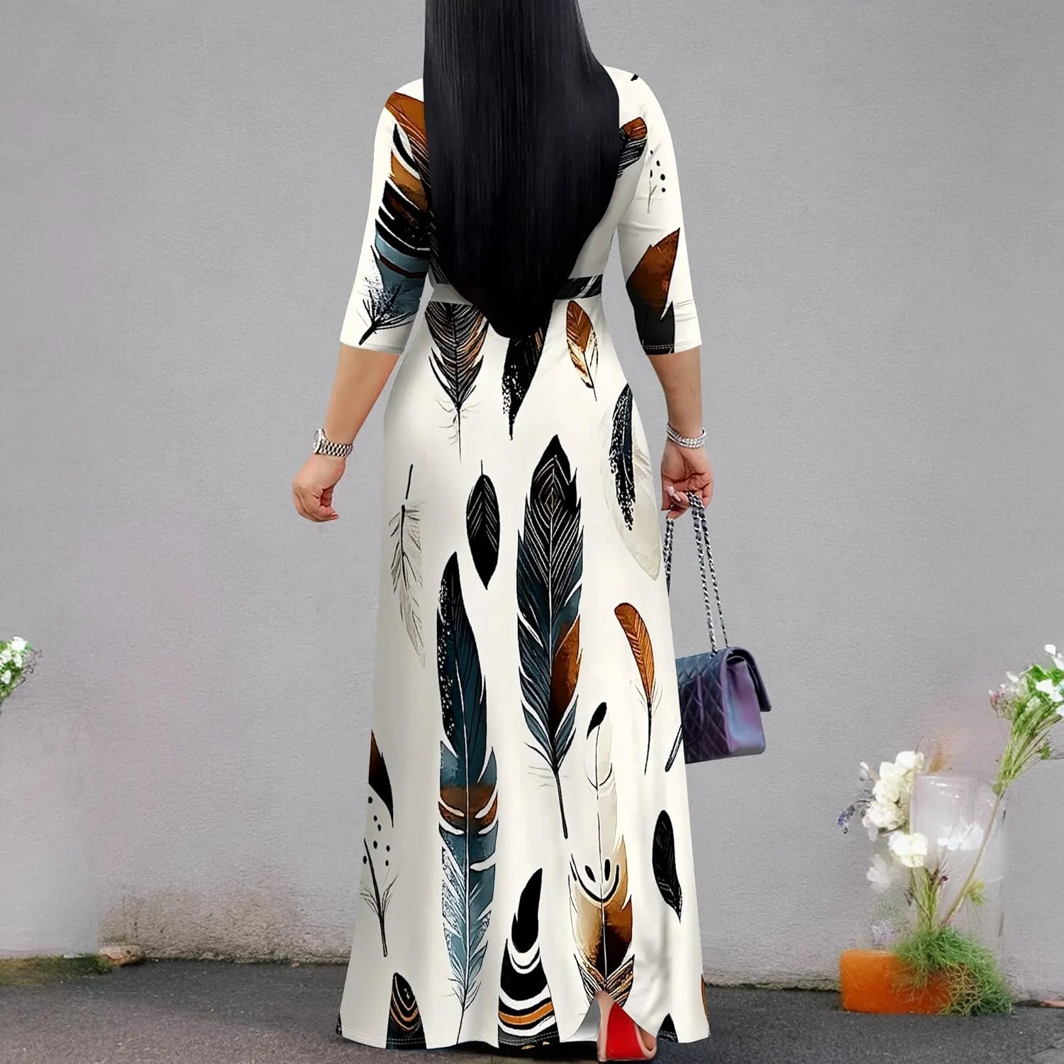 Women's Summer Maxi Slim Fit Casual V Neck Dress 3/4 Sleeve Floral Flowy Bridesmaid Evening Cocktail Party Dress with Belt