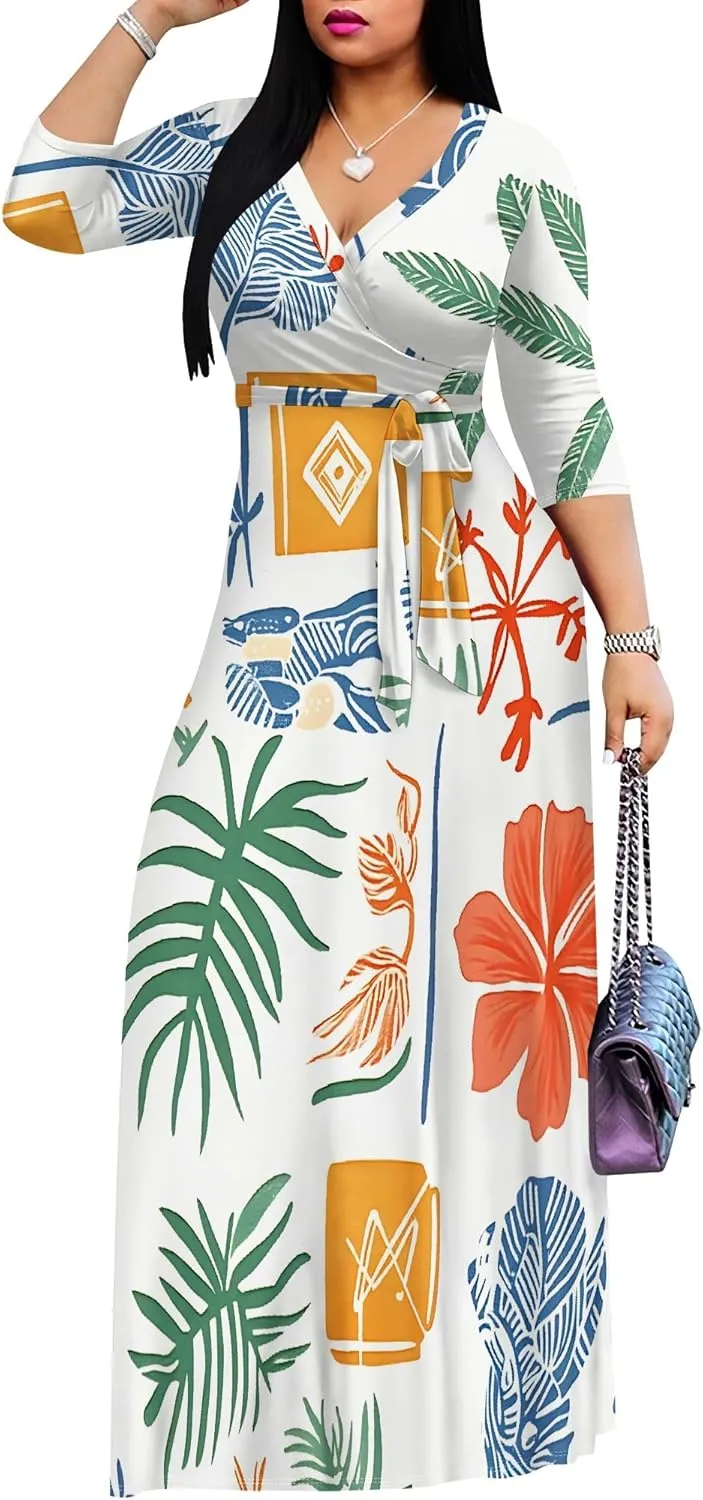 Women's Summer Maxi Slim Fit Casual V Neck Dress 3/4 Sleeve Floral Flowy Bridesmaid Evening Cocktail Party Dress with Belt
