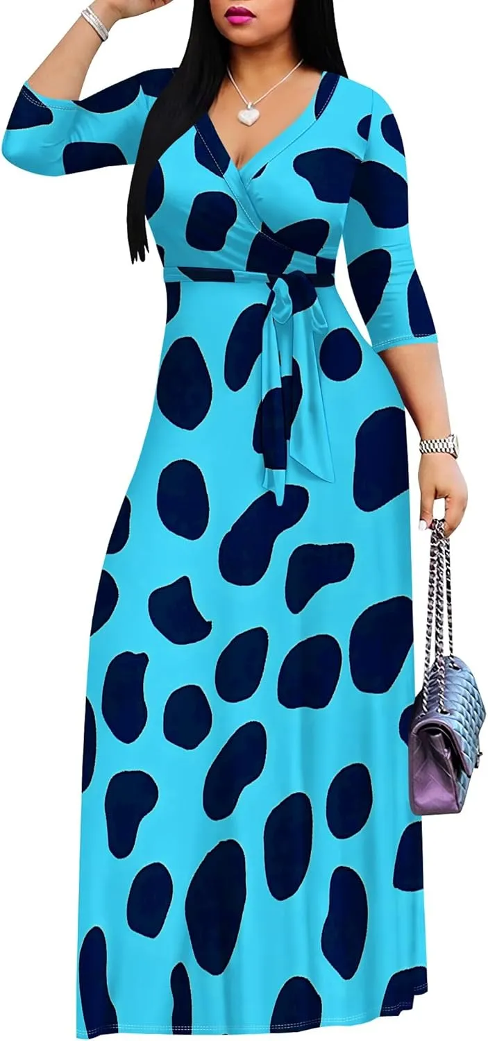 Women's Summer Maxi Slim Fit Casual V Neck Dress 3/4 Sleeve Floral Flowy Bridesmaid Evening Cocktail Party Dress with Belt