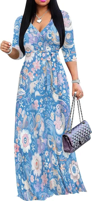 Women's Summer Maxi Slim Fit Casual V Neck Dress 3/4 Sleeve Floral Flowy Bridesmaid Evening Cocktail Party Dress with Belt