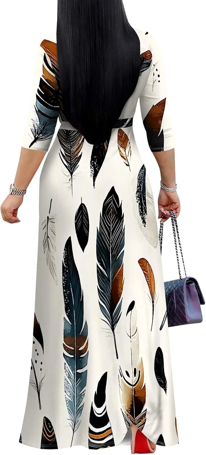 Women's Summer Maxi Slim Fit Casual V Neck Dress 3/4 Sleeve Floral Flowy Bridesmaid Evening Cocktail Party Dress with Belt