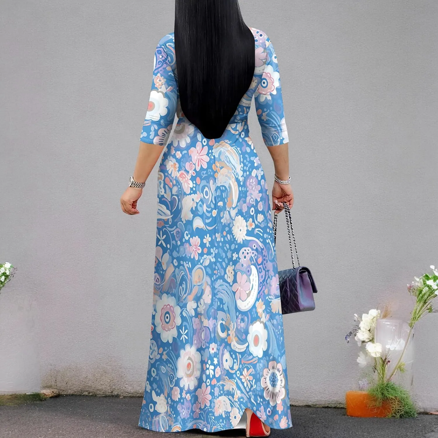 Women's Summer Maxi Slim Fit Casual V Neck Dress 3/4 Sleeve Floral Flowy Bridesmaid Evening Cocktail Party Dress with Belt