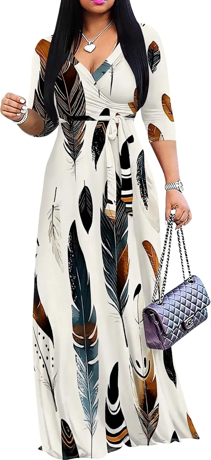 Women's Summer Maxi Slim Fit Casual V Neck Dress 3/4 Sleeve Floral Flowy Bridesmaid Evening Cocktail Party Dress with Belt