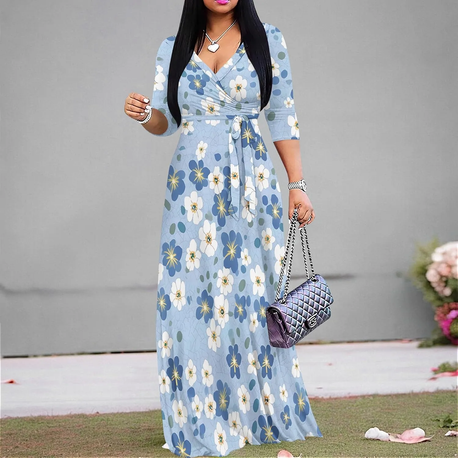 Women's Summer Maxi Slim Fit Casual V Neck Dress 3/4 Sleeve Floral Flowy Bridesmaid Evening Cocktail Party Dress with Belt