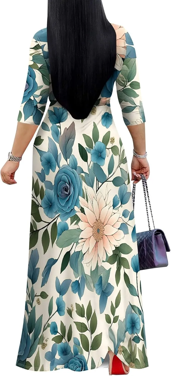Women's Summer Maxi Slim Fit Casual V Neck Dress 3/4 Sleeve Floral Flowy Bridesmaid Evening Cocktail Party Dress with Belt