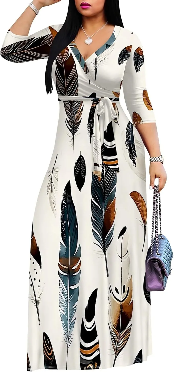 Women's Summer Maxi Slim Fit Casual V Neck Dress 3/4 Sleeve Floral Flowy Bridesmaid Evening Cocktail Party Dress with Belt