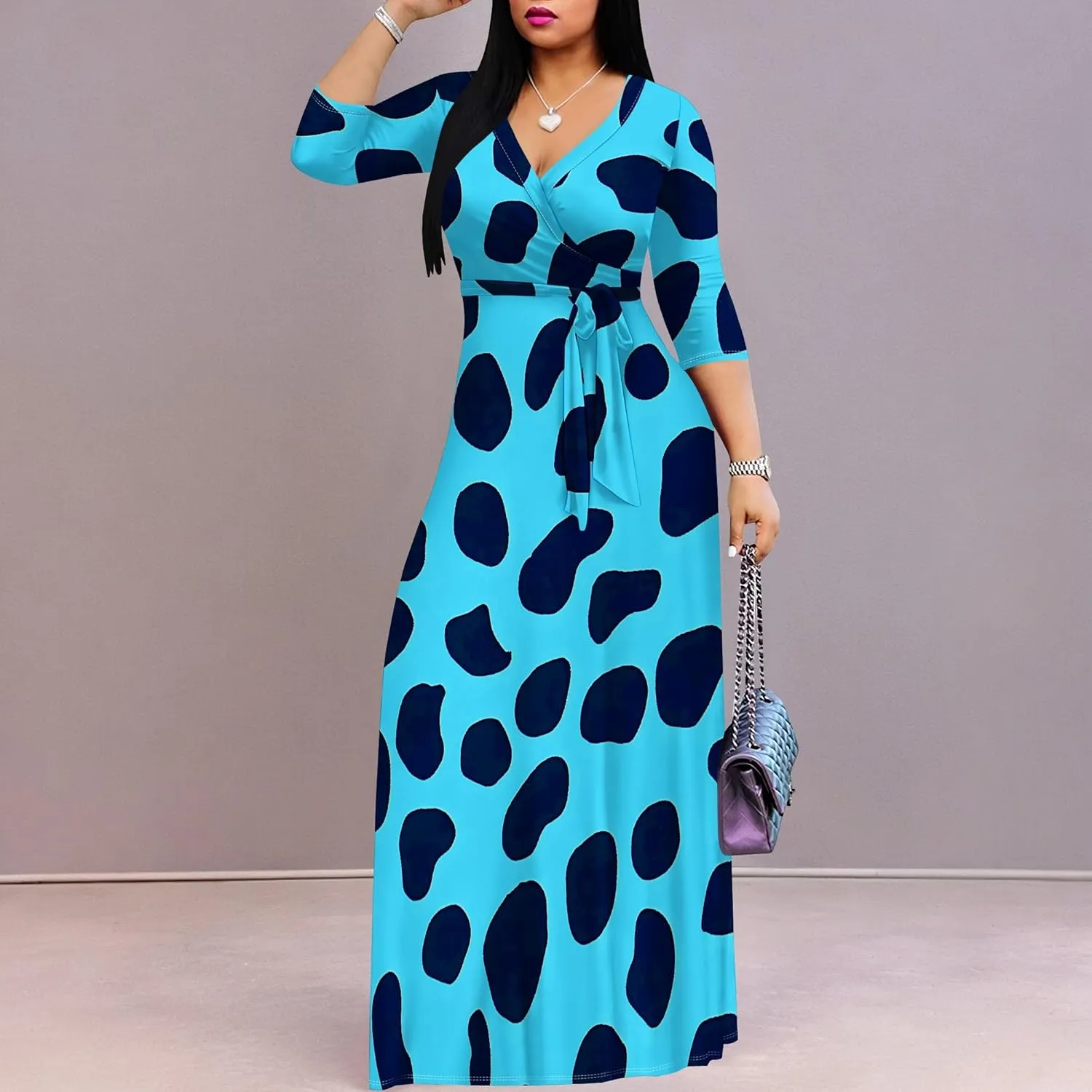 Women's Summer Maxi Slim Fit Casual V Neck Dress 3/4 Sleeve Floral Flowy Bridesmaid Evening Cocktail Party Dress with Belt