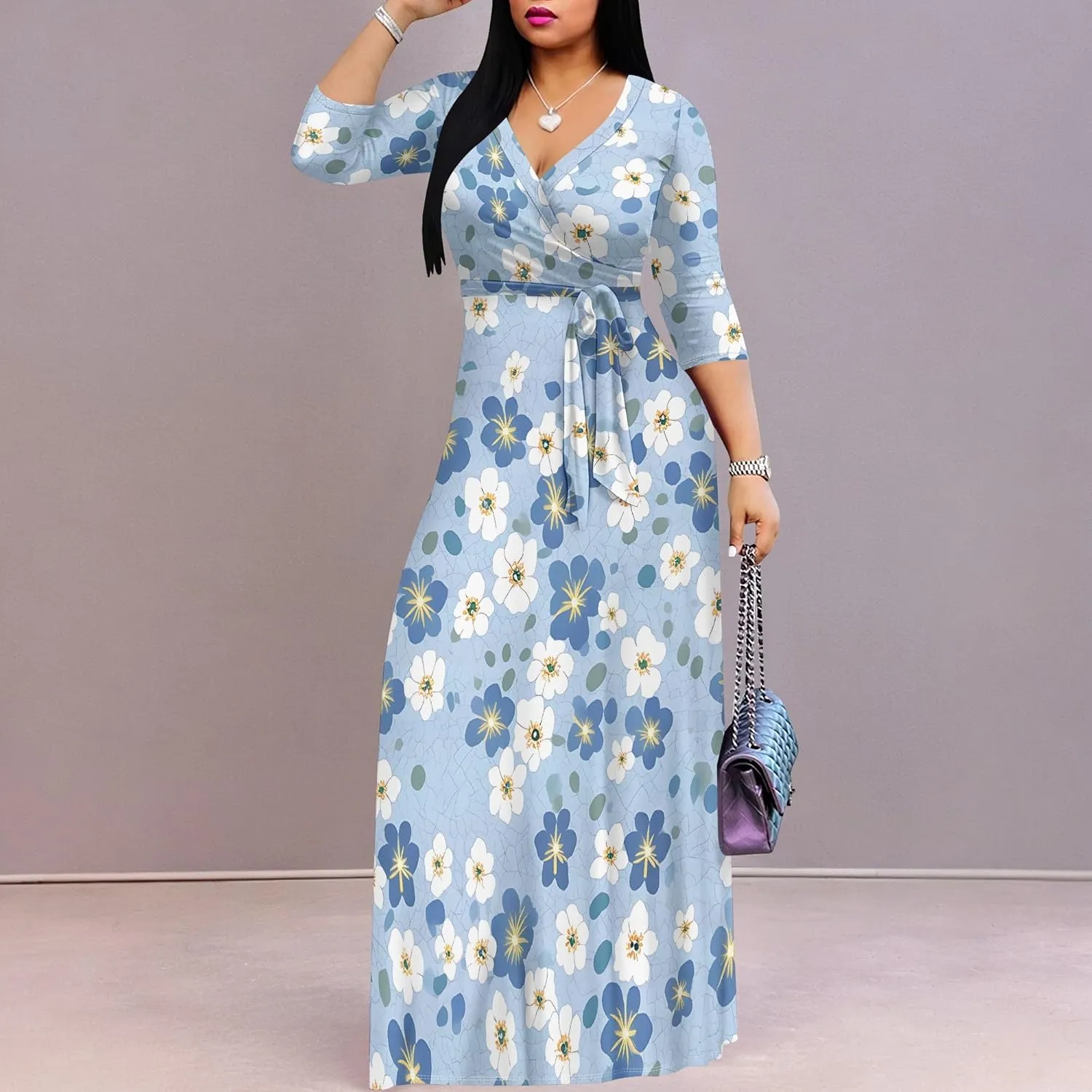 Women's Summer Maxi Slim Fit Casual V Neck Dress 3/4 Sleeve Floral Flowy Bridesmaid Evening Cocktail Party Dress with Belt