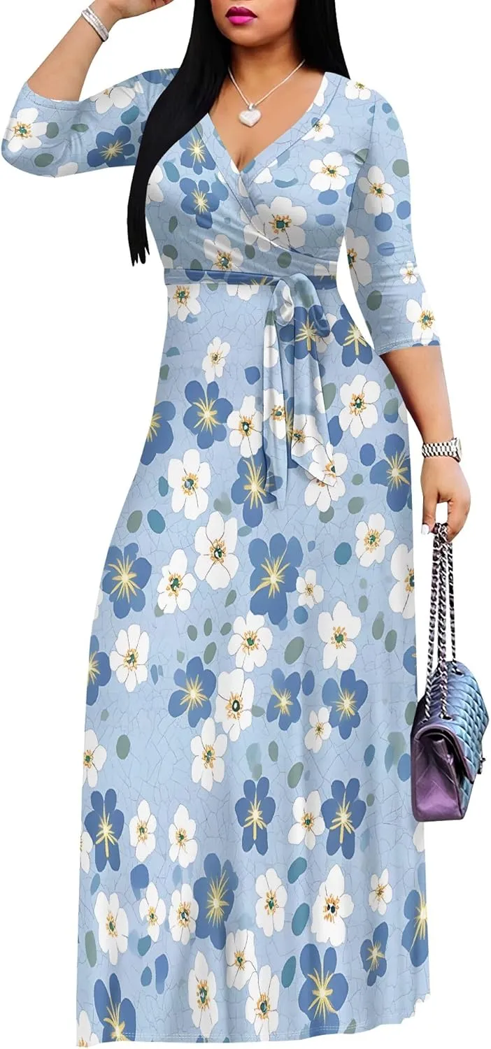 Women's Summer Maxi Slim Fit Casual V Neck Dress 3/4 Sleeve Floral Flowy Bridesmaid Evening Cocktail Party Dress with Belt