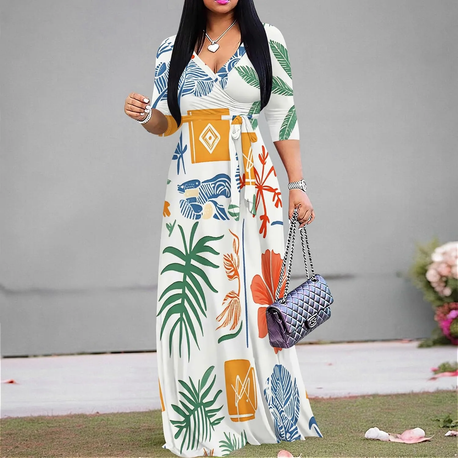Women's Summer Maxi Slim Fit Casual V Neck Dress 3/4 Sleeve Floral Flowy Bridesmaid Evening Cocktail Party Dress with Belt