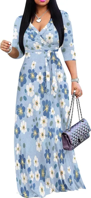 Women's Summer Maxi Slim Fit Casual V Neck Dress 3/4 Sleeve Floral Flowy Bridesmaid Evening Cocktail Party Dress with Belt