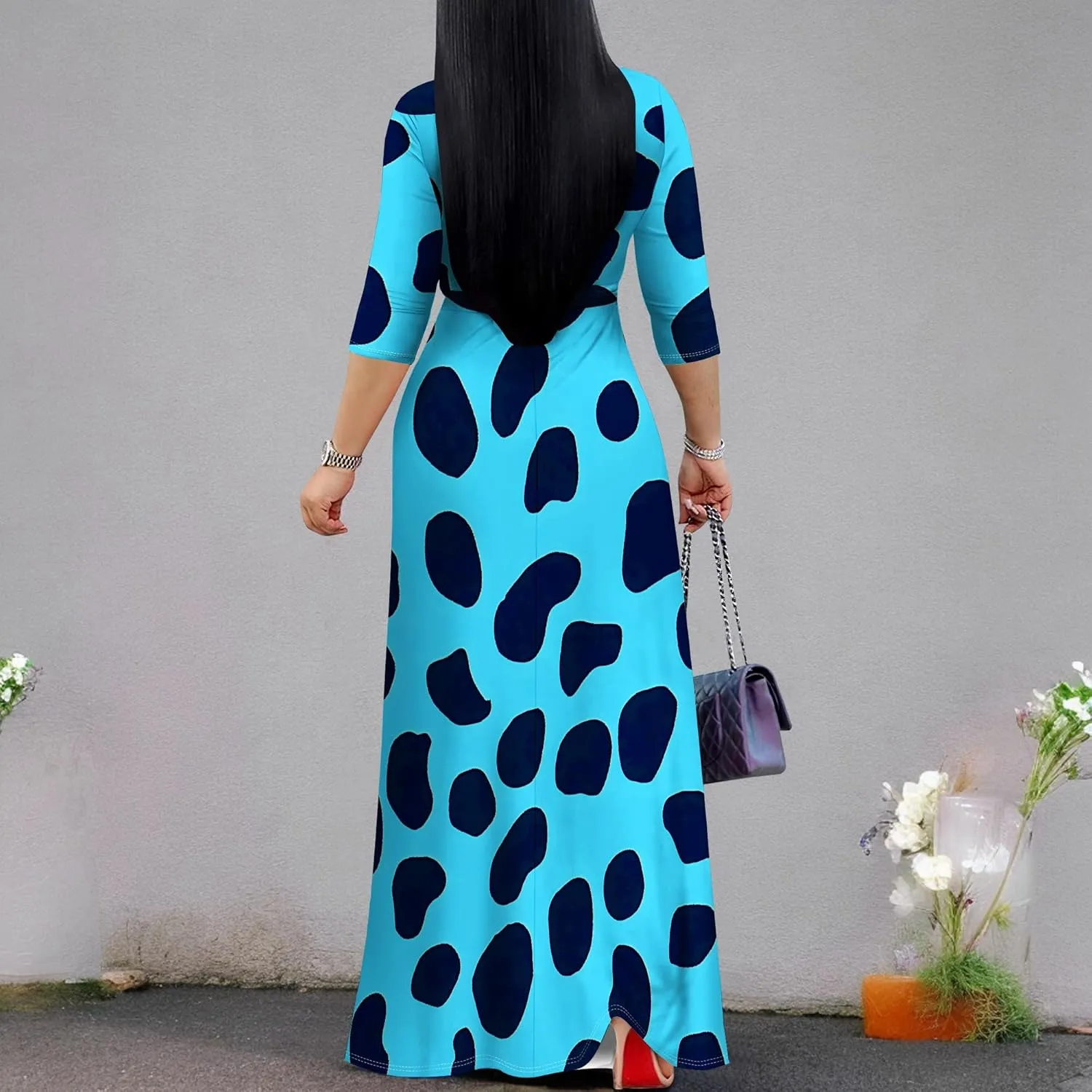 Women's Summer Maxi Slim Fit Casual V Neck Dress 3/4 Sleeve Floral Flowy Bridesmaid Evening Cocktail Party Dress with Belt