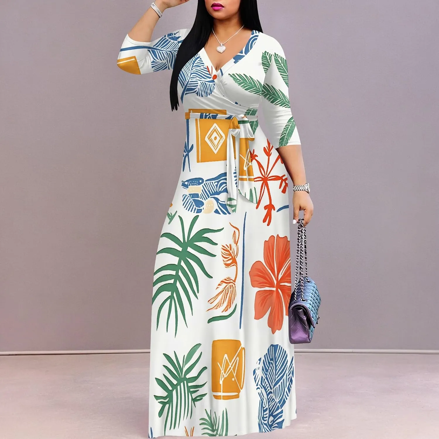 Women's Summer Maxi Slim Fit Casual V Neck Dress 3/4 Sleeve Floral Flowy Bridesmaid Evening Cocktail Party Dress with Belt