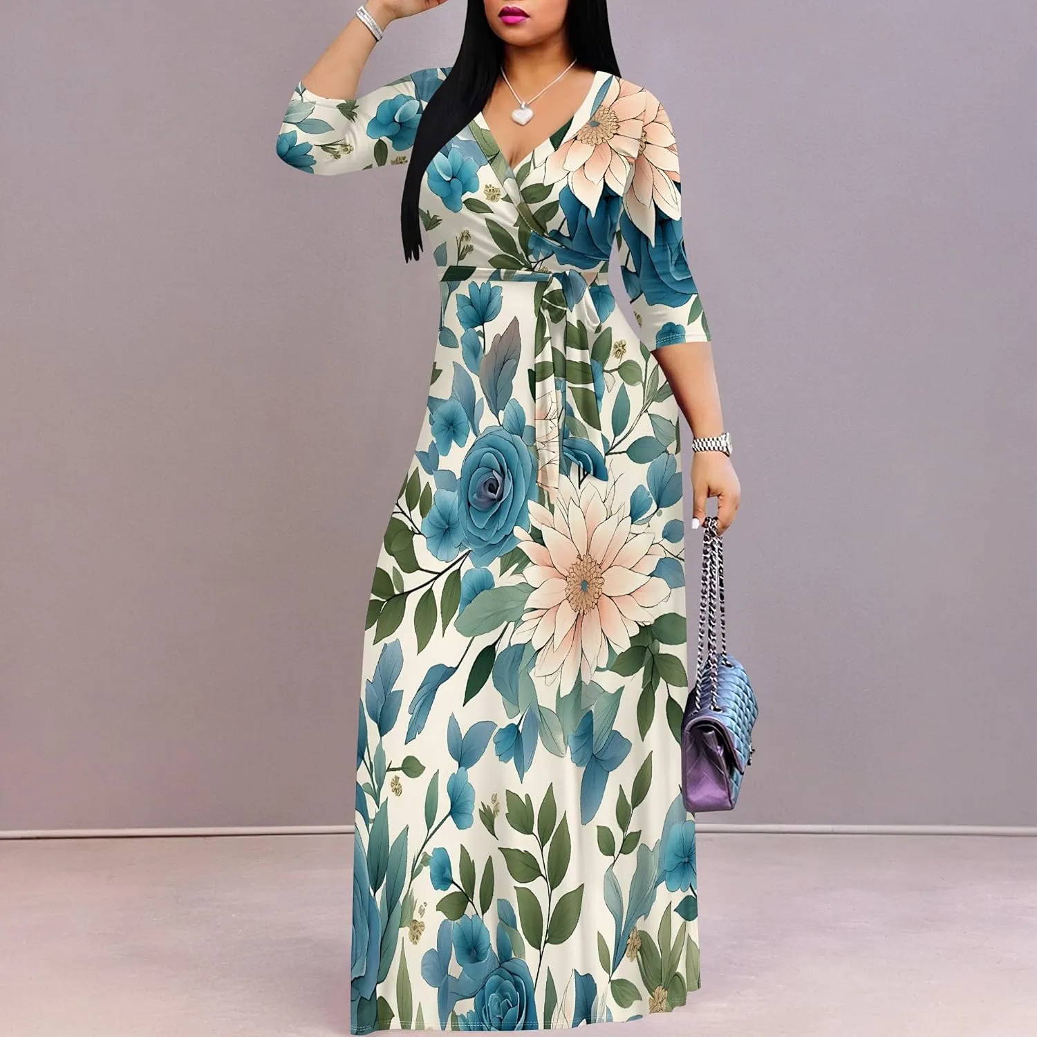 Women's Summer Maxi Slim Fit Casual V Neck Dress 3/4 Sleeve Floral Flowy Bridesmaid Evening Cocktail Party Dress with Belt