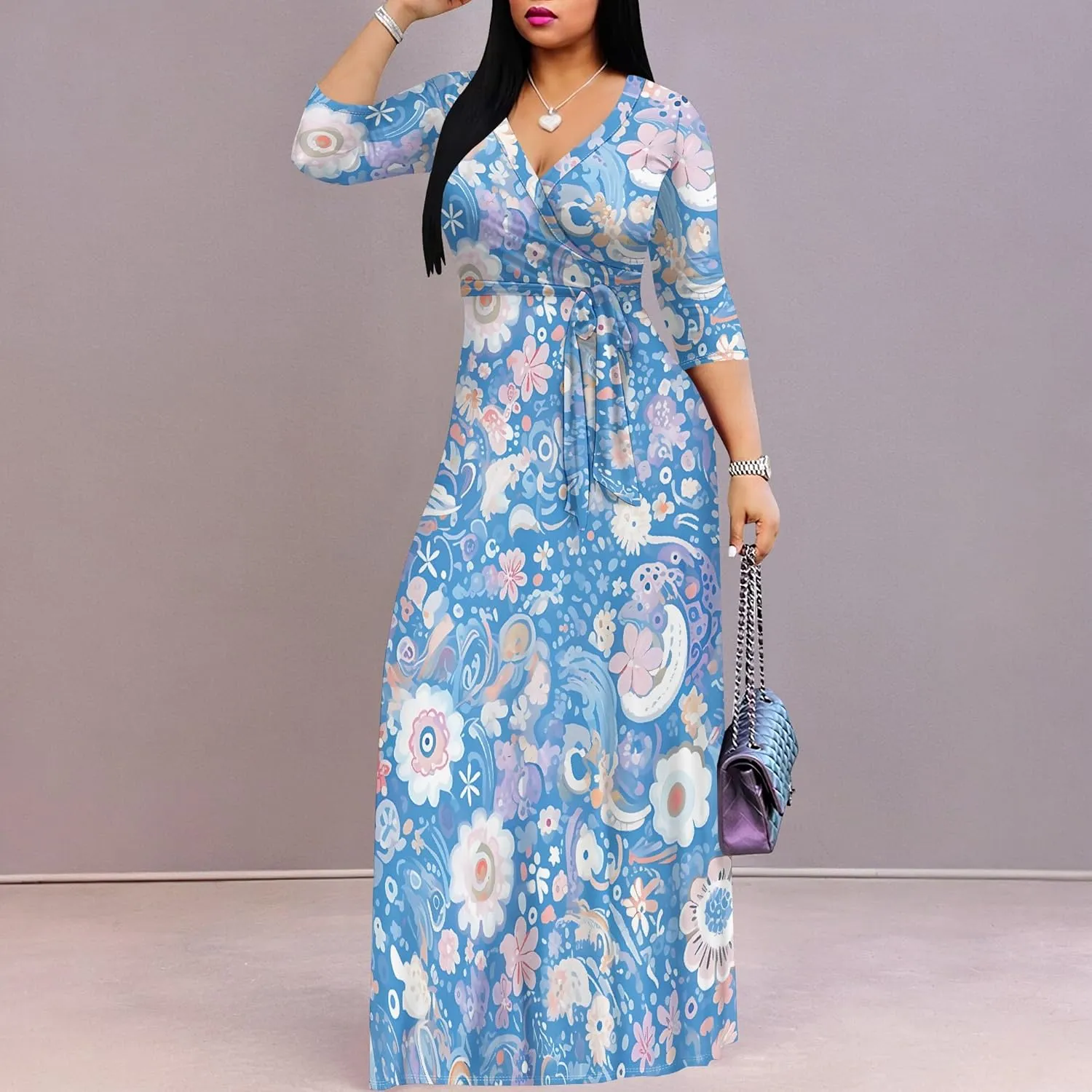 Women's Summer Maxi Slim Fit Casual V Neck Dress 3/4 Sleeve Floral Flowy Bridesmaid Evening Cocktail Party Dress with Belt