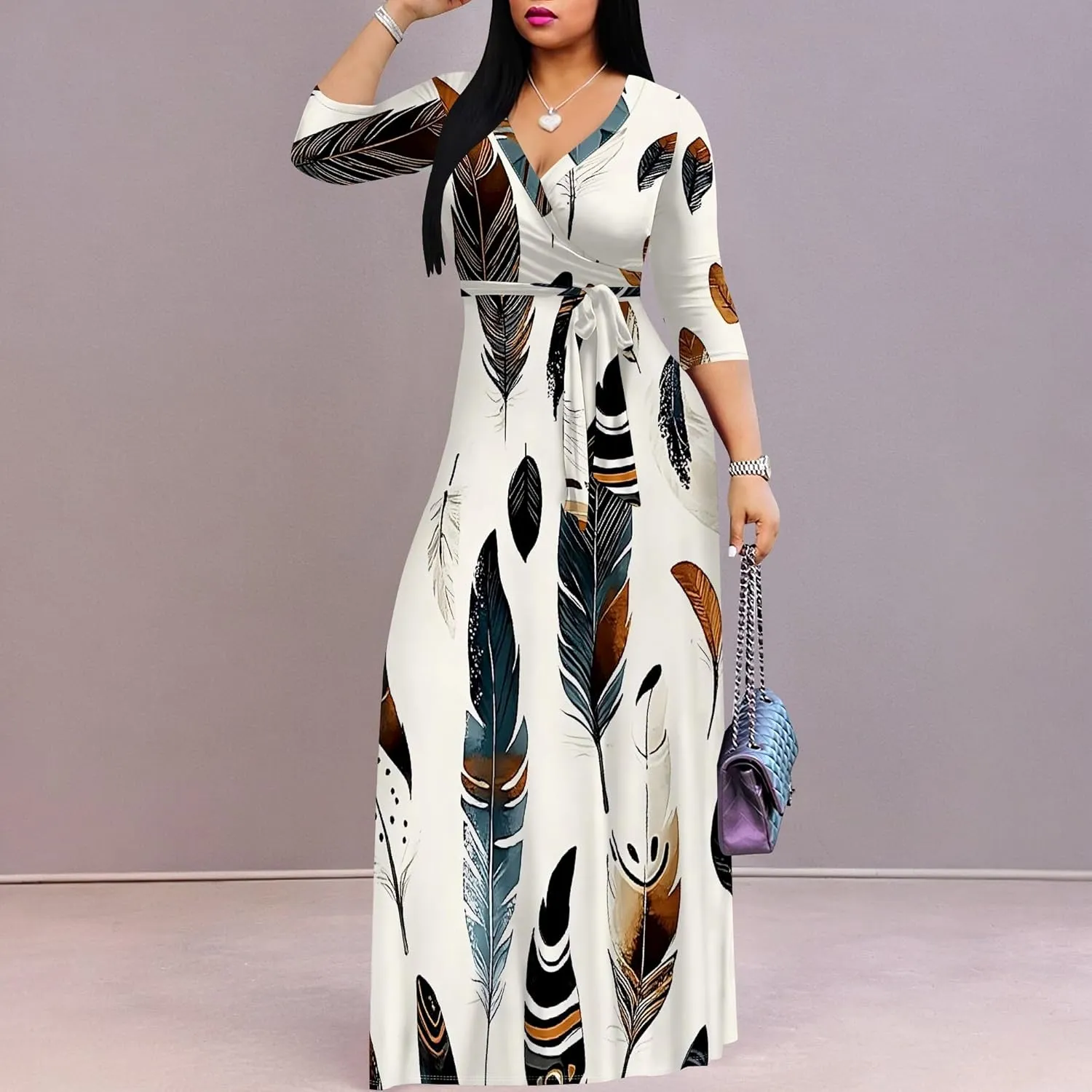 Women's Summer Maxi Slim Fit Casual V Neck Dress 3/4 Sleeve Floral Flowy Bridesmaid Evening Cocktail Party Dress with Belt
