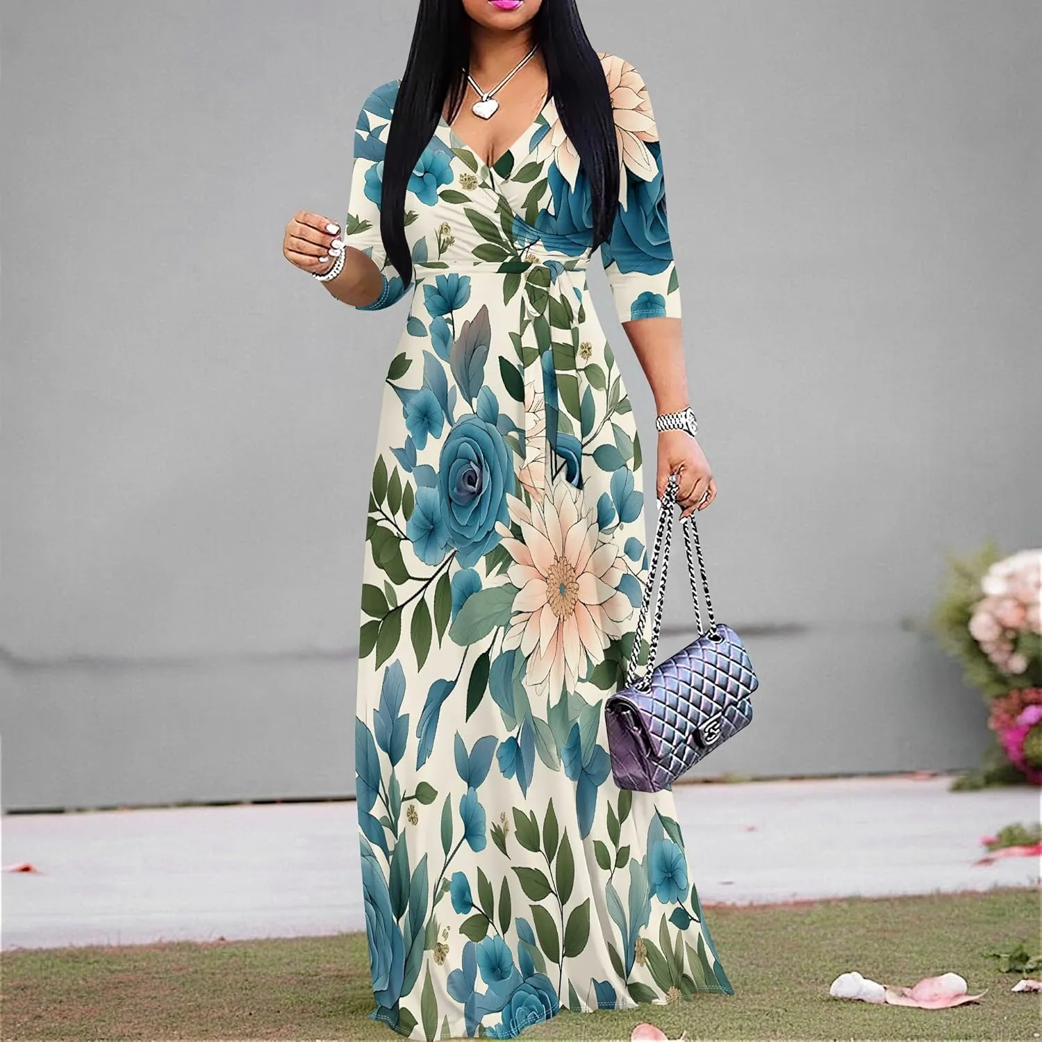 Women's Summer Maxi Slim Fit Casual V Neck Dress 3/4 Sleeve Floral Flowy Bridesmaid Evening Cocktail Party Dress with Belt