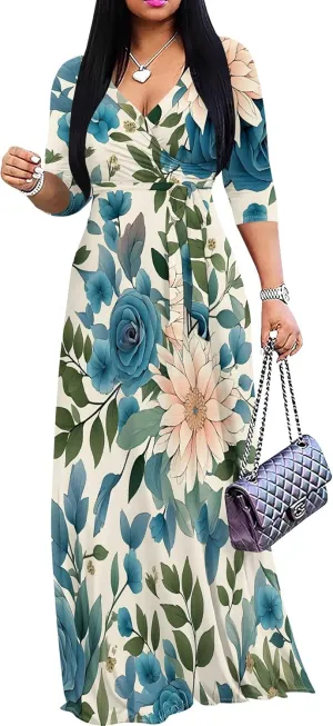 Women's Summer Maxi Slim Fit Casual V Neck Dress 3/4 Sleeve Floral Flowy Bridesmaid Evening Cocktail Party Dress with Belt