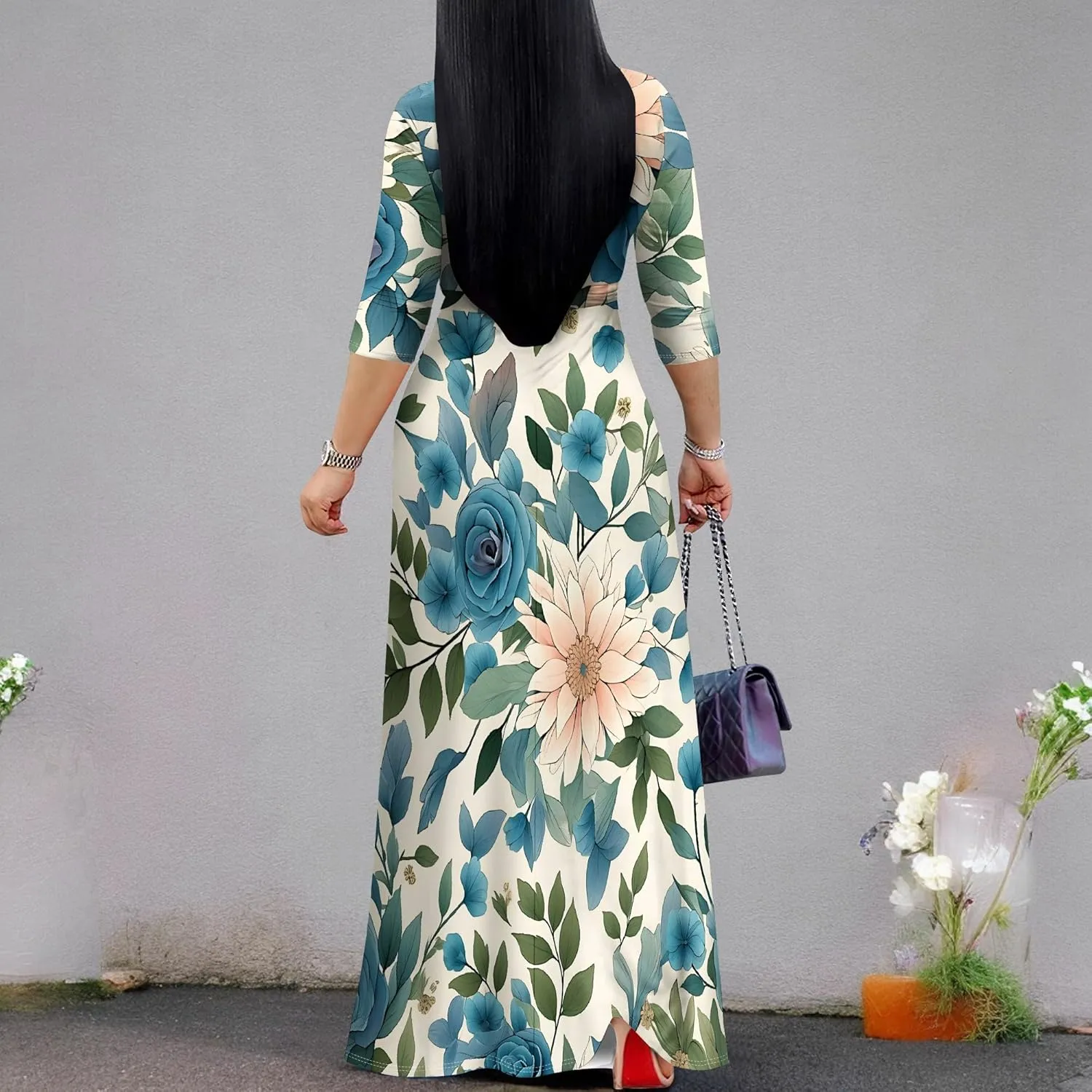 Women's Summer Maxi Slim Fit Casual V Neck Dress 3/4 Sleeve Floral Flowy Bridesmaid Evening Cocktail Party Dress with Belt