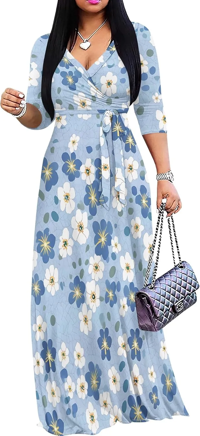 Women's Summer Maxi Slim Fit Casual V Neck Dress 3/4 Sleeve Floral Flowy Bridesmaid Evening Cocktail Party Dress with Belt