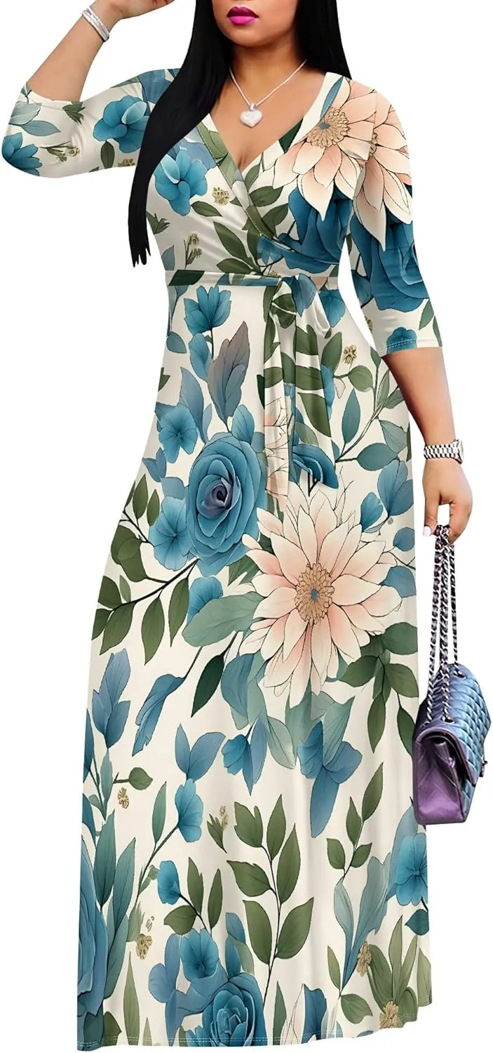 Women's Summer Maxi Slim Fit Casual V Neck Dress 3/4 Sleeve Floral Flowy Bridesmaid Evening Cocktail Party Dress with Belt