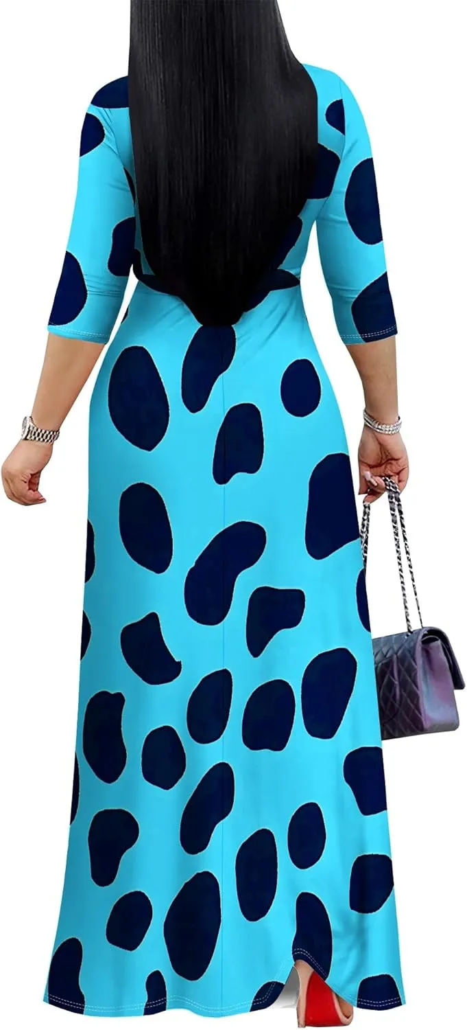 Women's Summer Maxi Slim Fit Casual V Neck Dress 3/4 Sleeve Floral Flowy Bridesmaid Evening Cocktail Party Dress with Belt