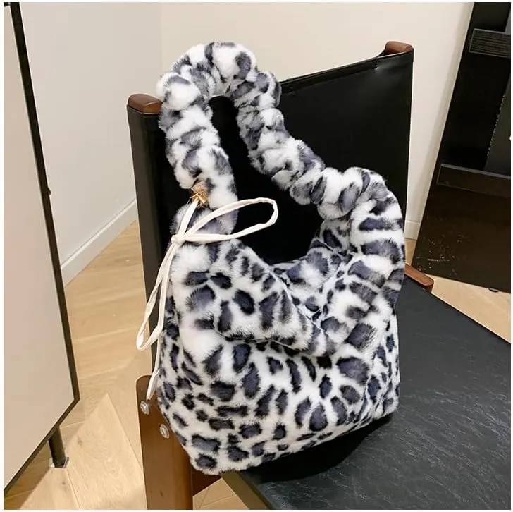 y2k Cheetah Handbags for Women, Cute Hobo Bag Shoulder Bag Aesthetic Grunge Fuzzy Sling Purse Leopard Print Purse (White leopard)