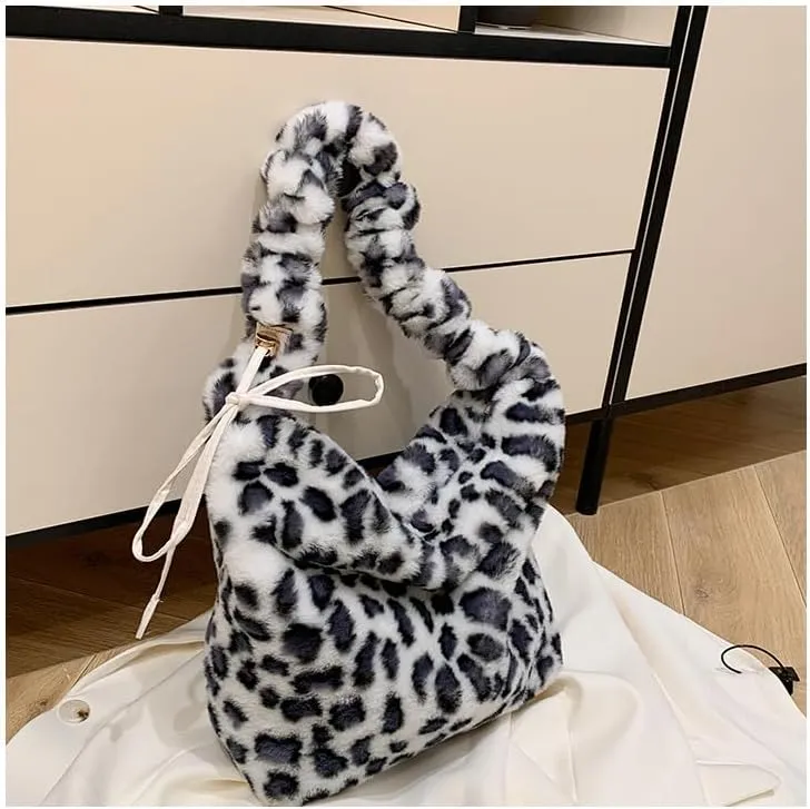 y2k Cheetah Handbags for Women, Cute Hobo Bag Shoulder Bag Aesthetic Grunge Fuzzy Sling Purse Leopard Print Purse (White leopard)