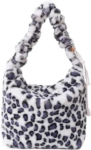 y2k Cheetah Handbags for Women, Cute Hobo Bag Shoulder Bag Aesthetic Grunge Fuzzy Sling Purse Leopard Print Purse (White leopard)