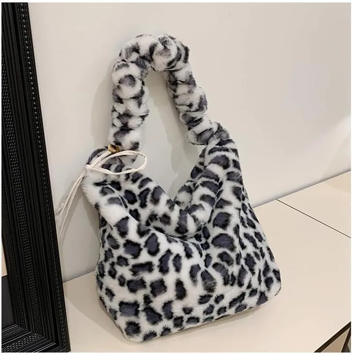 y2k Cheetah Handbags for Women, Cute Hobo Bag Shoulder Bag Aesthetic Grunge Fuzzy Sling Purse Leopard Print Purse (White leopard)