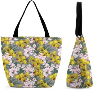 Yellow Pink Orchid Flowers Hobo Handbags With Zipper Women's Tote Handbags